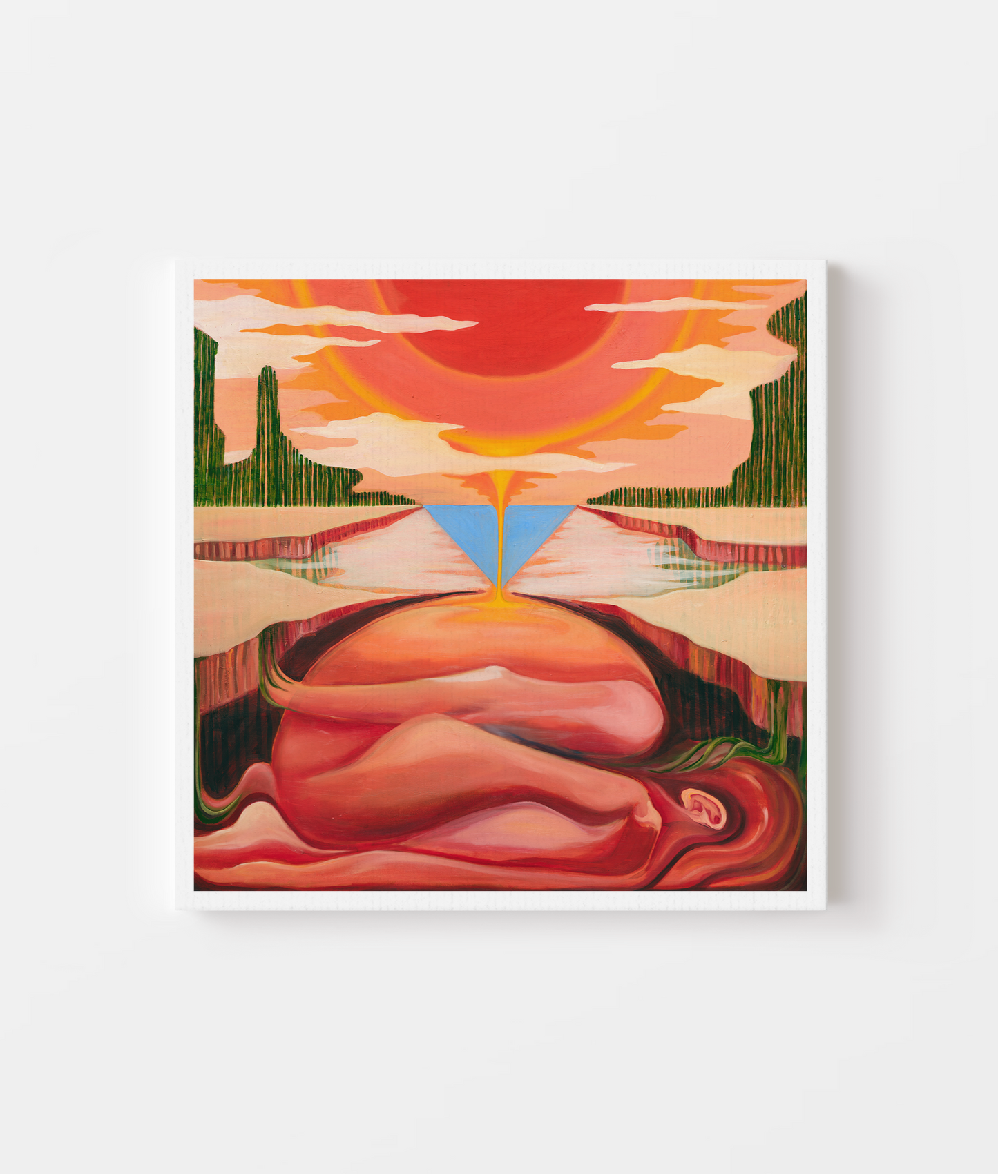 Abstract artwork with a stylized landscape and figure on a white background