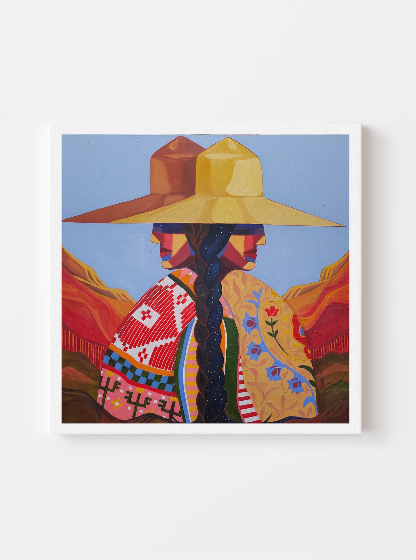 Framed artwork of a person wearing a colorful hat and patterned clothing against a blue sky.