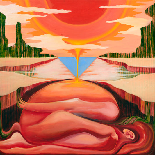 Abstract artwork with a central sun-like figure and geometric shapes