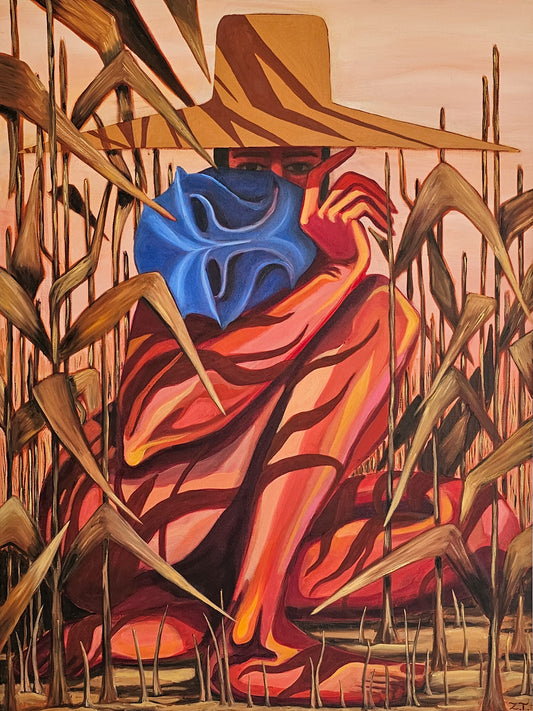 Artistic depiction of a person in a hat and colorful dress among tall grasses.