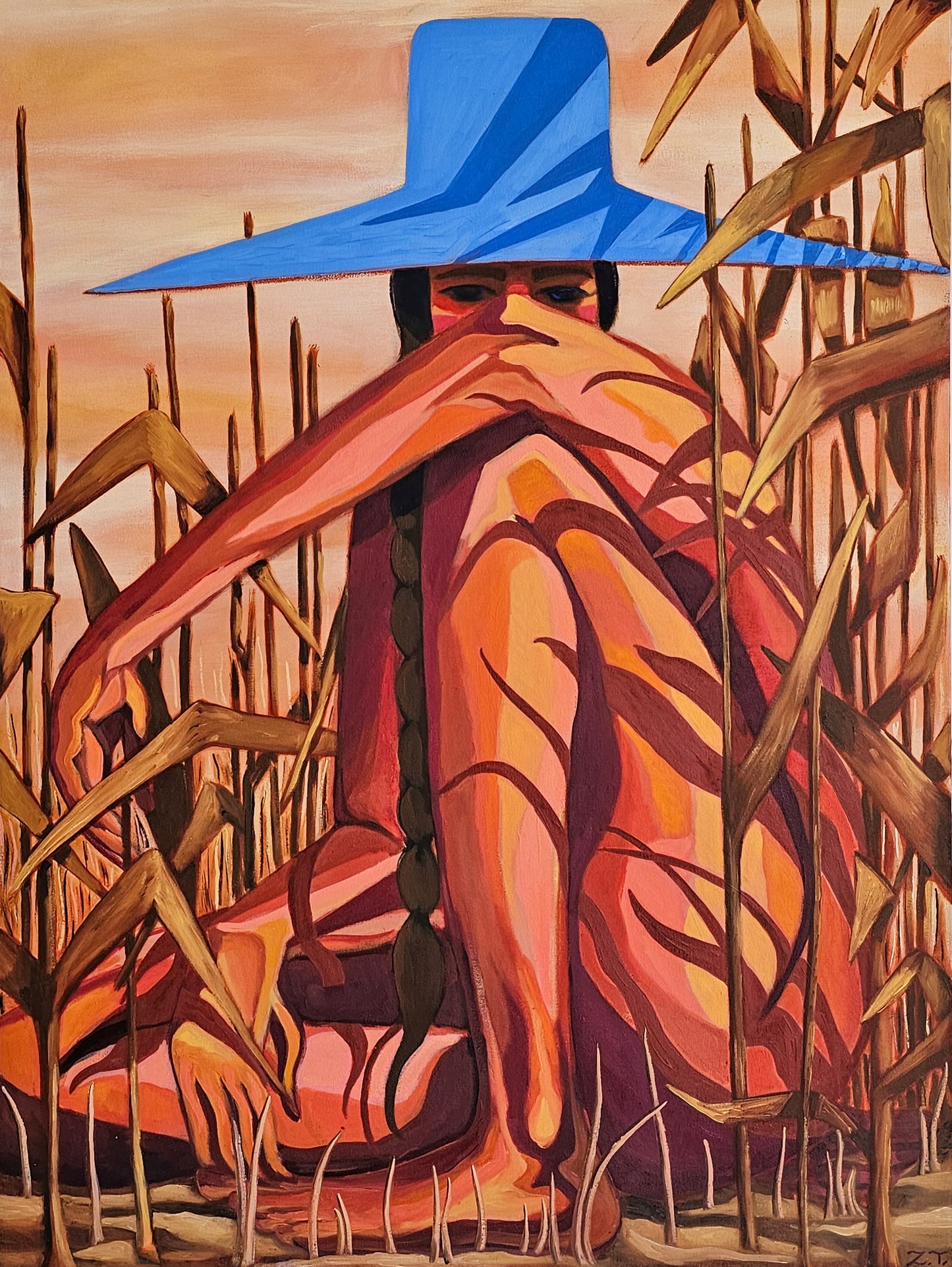 Person wearing a large blue hat in a field of tall grass with warm-toned colors