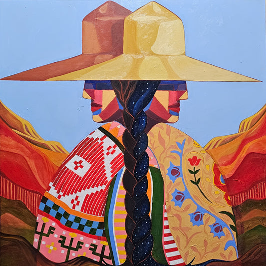 Colorful artwork of a person wearing a wide-brimmed hat and traditional clothing against a blue sky.