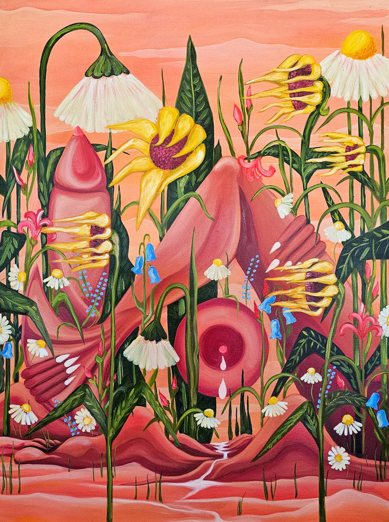 Surrealistic artwork of flowers and organic shapes on a pink background