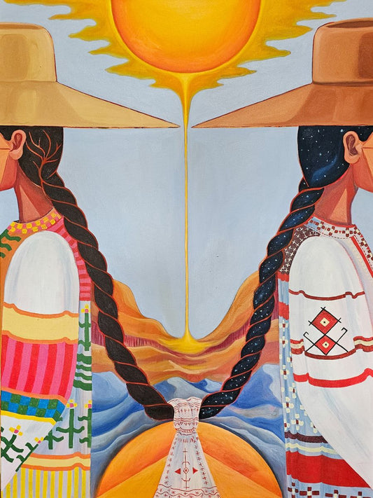 Artistic depiction of two figures with braided hair under a large sun, wearing traditional clothing with hats.