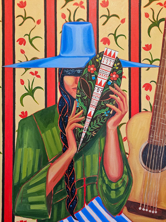 Person wearing a blue hat and green jacket holding a guitar with a colorful pattern, against a floral striped background.